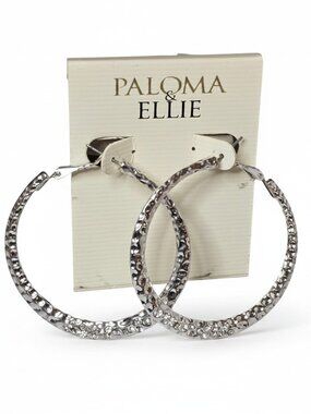 Paloma & Ellie Women's Hammered Silver Plated Rhinestone Hoop Earrings NWT 2"